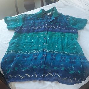 PHOOL Teal and Navy Floral Button-Up Blouse.VINTAGE Size 1X